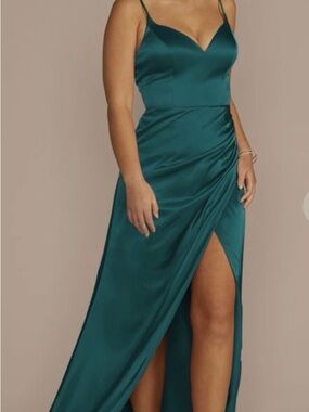 David's Bridal Teal Satin Ruched Slit Prom Dress